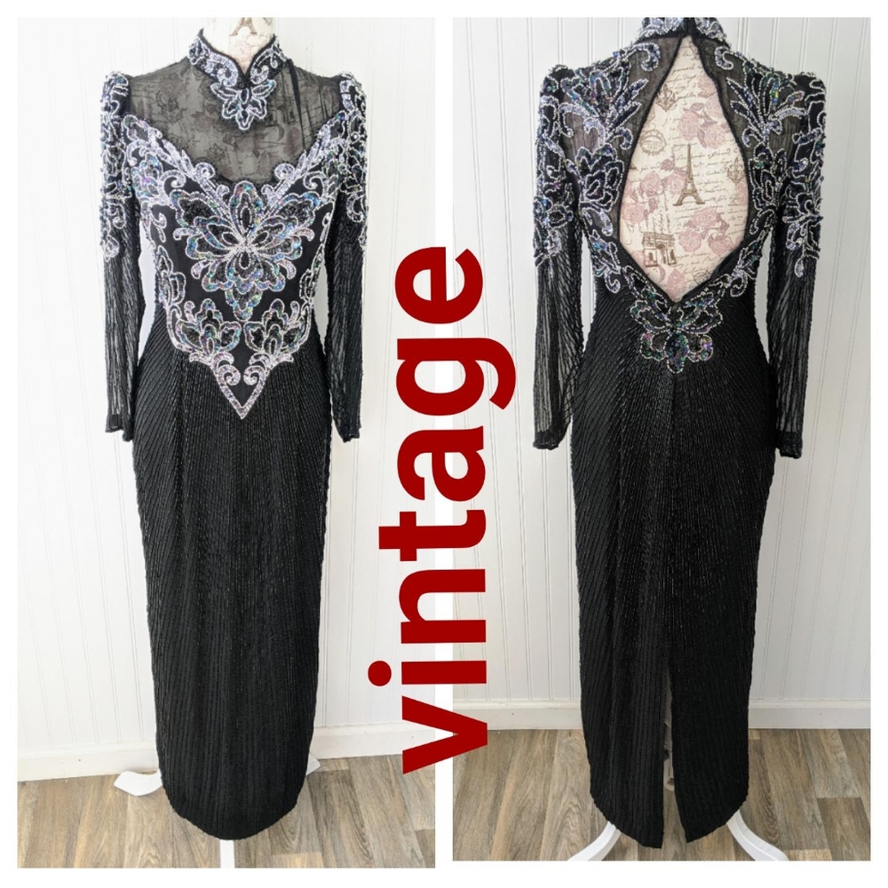 Gorgeous vintage sheer top beaded ball gown dress